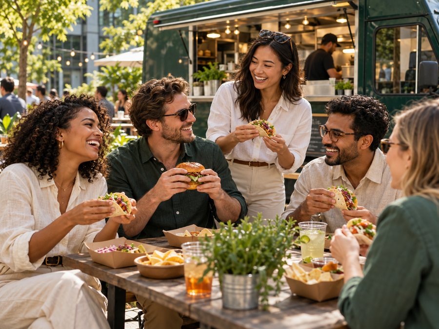 Colleagues enjoying a food truck lunch outdoors
