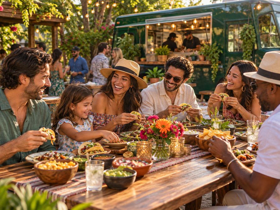 Friends sharing food at a private outdoor party