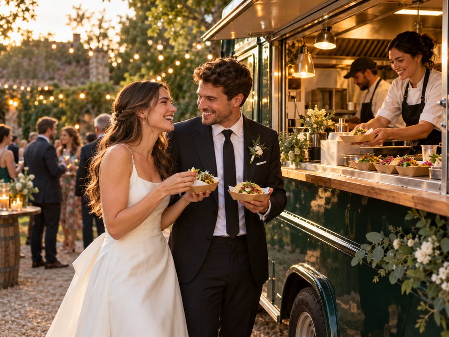 A couple enjoying food truck catering at their garden wedding